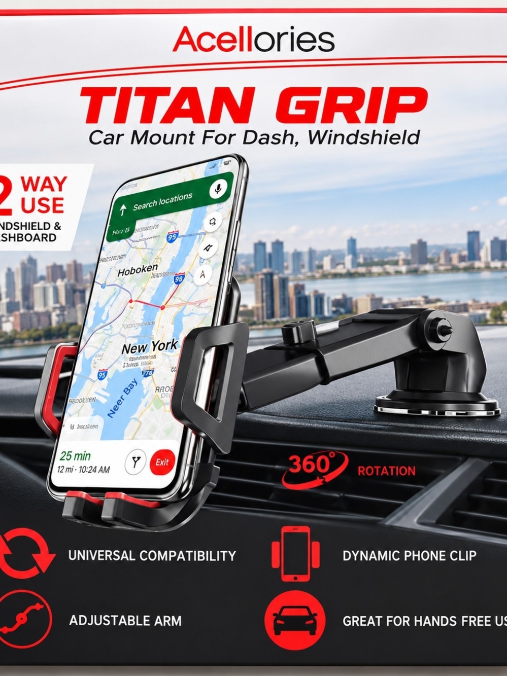Universal Black & Red Dashboard/Windshield Phone Mount - Secure Grip - Picture 4 of 5